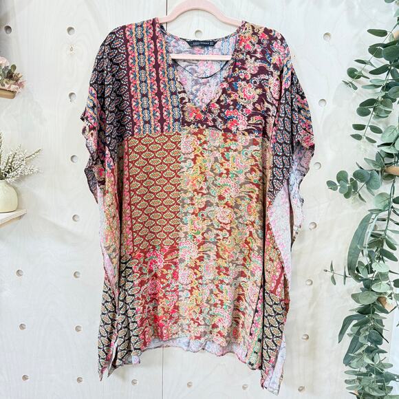 ZARA Boho Caftan Top Size Medium Patchwork Print Tunic Poncho Top - Picture 10 of 10